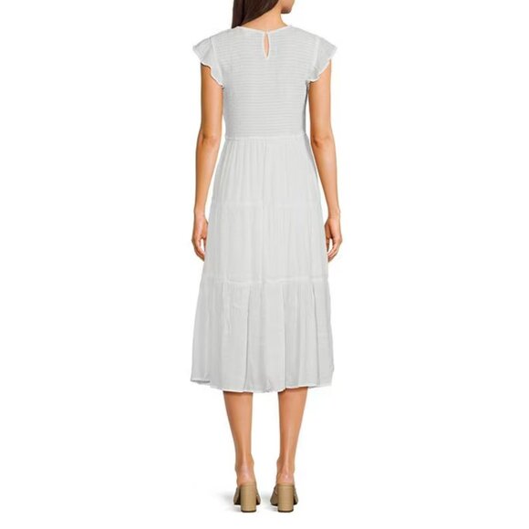 NWT‎ August Sky Womens Smocked Tiered Midi Dress White Size Medium - Picture 10 of 12